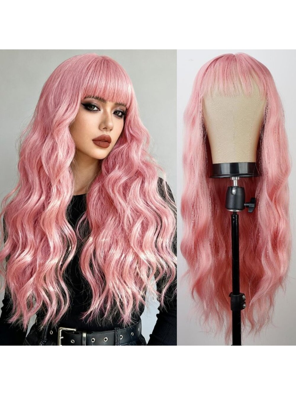 Women's Pink 26 Inch Natural Looking Synthetic Fiber Long Wavy Wigs Bangs